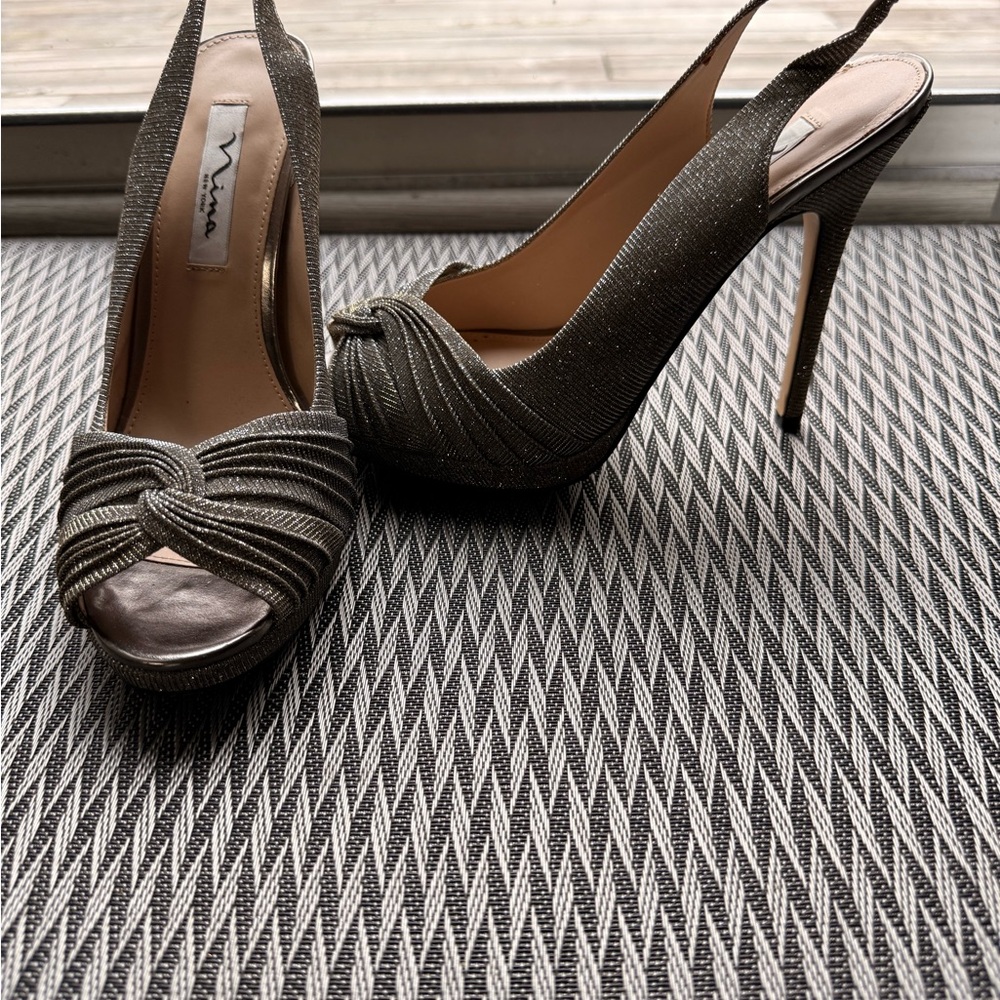 Miu Miu Glittering Silver Peep-Toe Heels